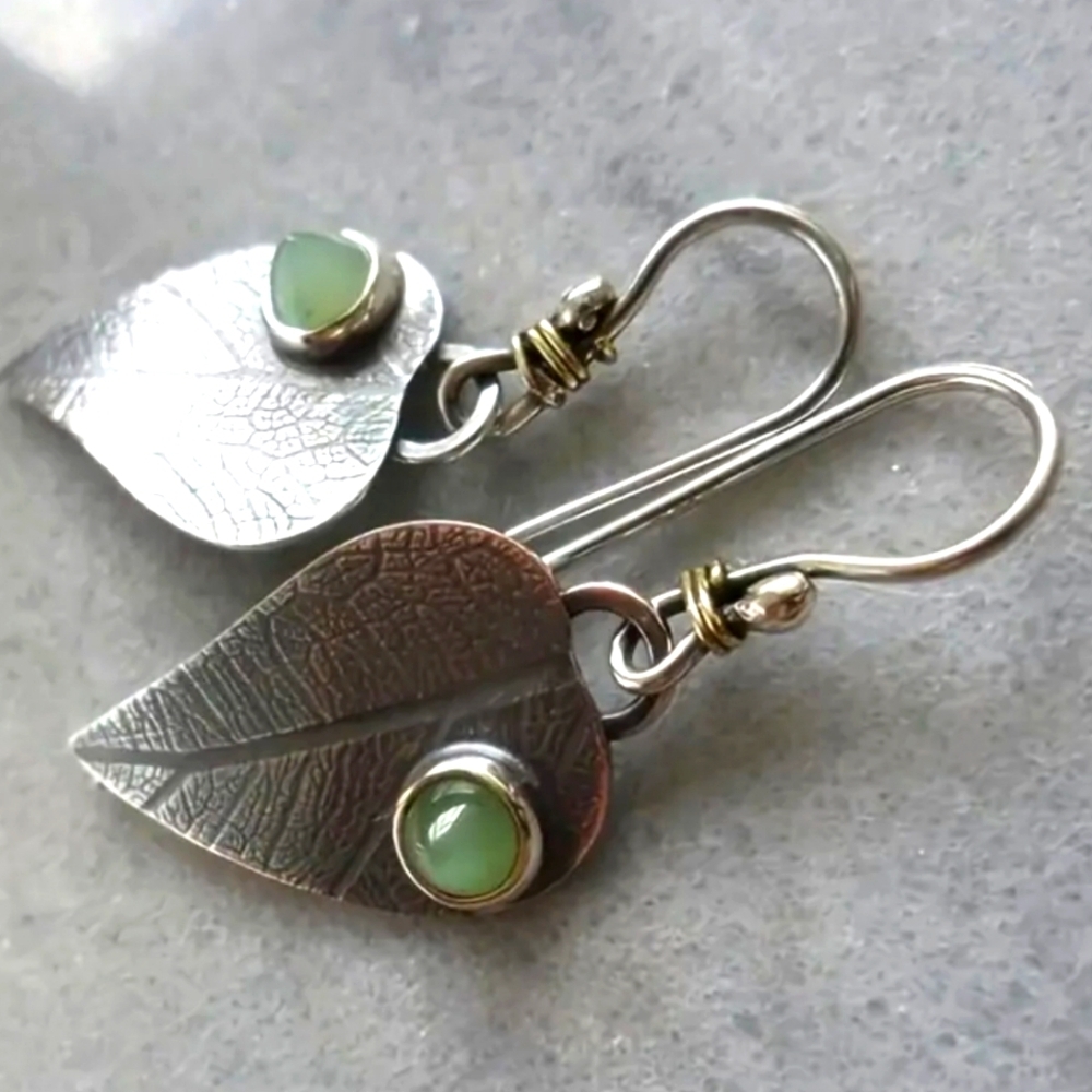 Silver Leaf Earrings with Green Accents